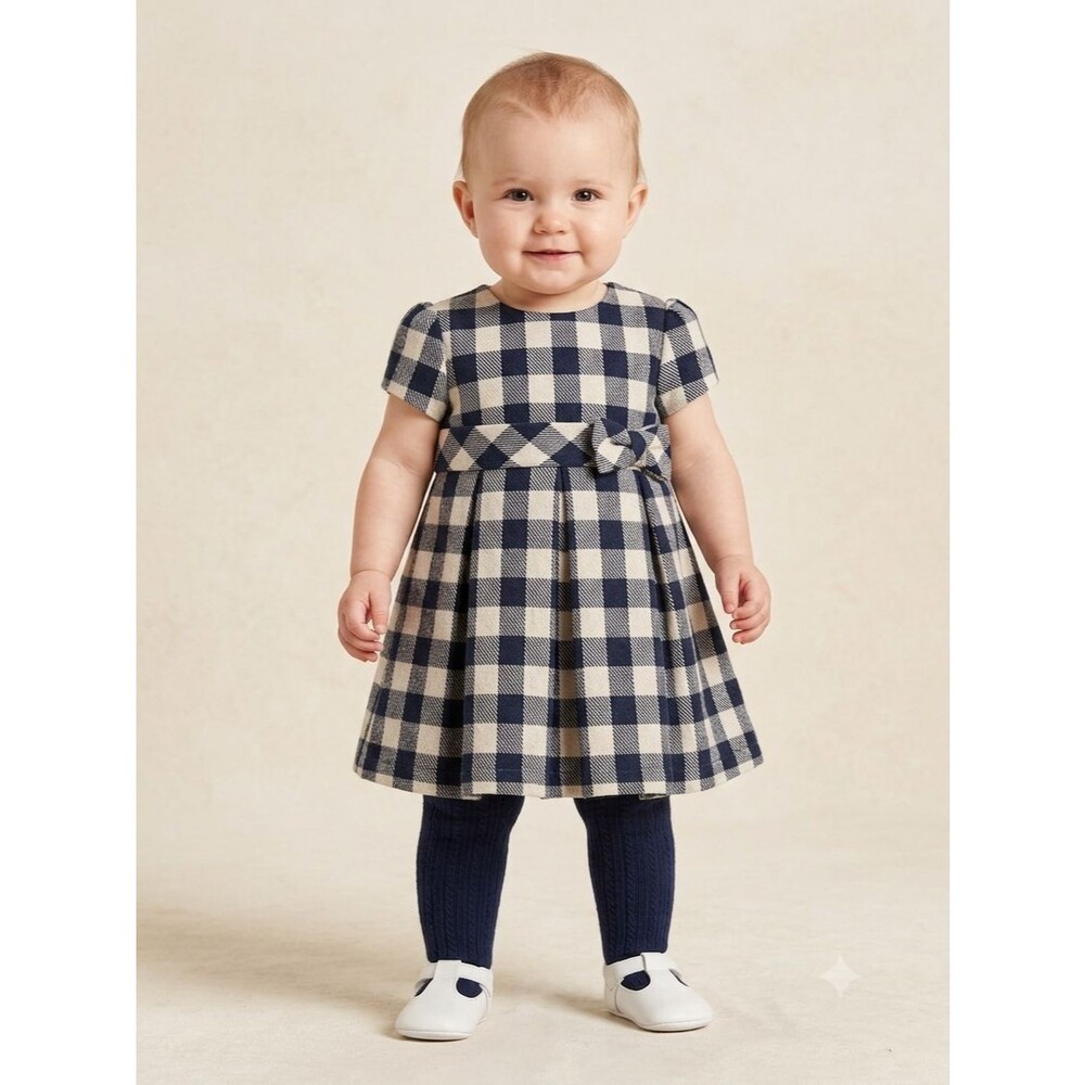 NWT Abel & Lula Luxury Navy Plaid Lurex Bow Holiday Dress 12M